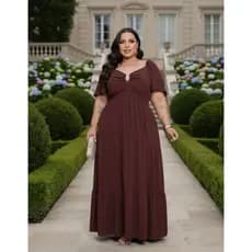 Vestido Plus Size Longo Decote V Evangelico Elegante C/ Manga Saia 3 Marias Babado Presente Vestido Grande G2 G3 Premium