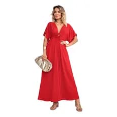 Vestido Feminino Longo Indiano Decote V Manga Estampado Luxo