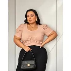 Croped Plus Size Manga Curta Princesa Canelado Decote Grande