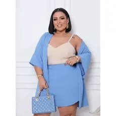 Kimono Feminino Plus Size Blusa E Short Saia Cardigan Moda Grande Blogueiras famosas Blusa cumprida conjunto Premium 2PÇ