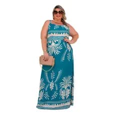 Vestido Feminino Plus Longo Alça Decote Quadrado Festa Luxo