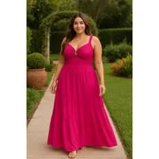 Vestido Feminino Longo Alcinha Plus Size Evangelico Cha Revelação Gravida Decote V com Argola do 46 ao 54 Linha Premium