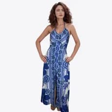 Vestido Feminino Indiano Frente Unica Fenda Decote V de Amarrar Estampado Linha Gold