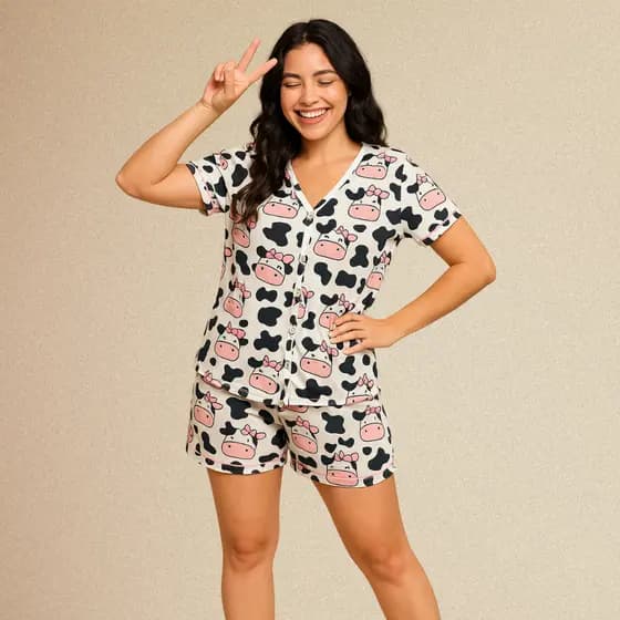 Baby Doll Pijama Feminino Estampado Americano Botões Amamentação Pós parto Pós Cirúrgico