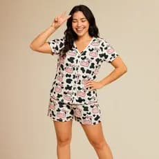Baby Doll Pijama Feminino Estampado Americano Botões Amamentação Pós parto Pós Cirúrgico