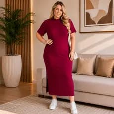 Vestido Plus Size Canelado Midi Gola Alta Feminino