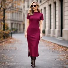 Vestido Midi Canelado Tubinho Manga Curta Fenda Lateral