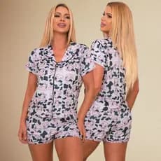 Pijama curto americano com shorts baby doll de botões Suede promoção Blogueirinha