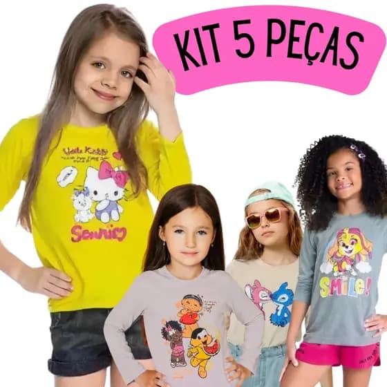 Kit 5 Blusa Manga Longa Infantil Feminina em Cotton Bebê ao Juvenil Meia Estação Sortidas 2 Ao 8