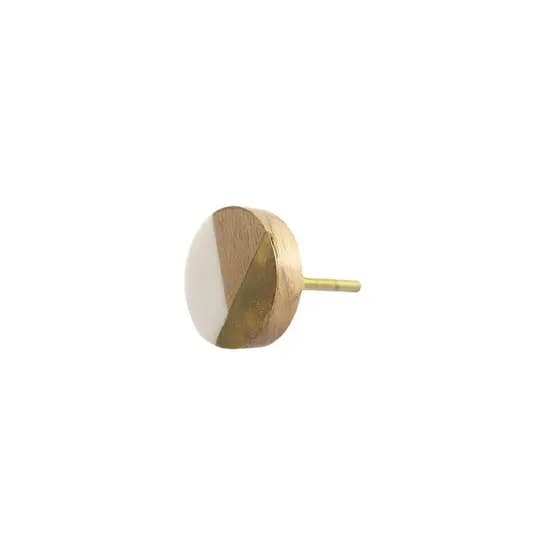 Puxador Redondo Madeira Resina Branco Dourado