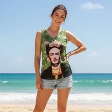 Camisa Regata 100% Algodão Estampada Frida Kahlo Miçangas Queima Estoque Moda Femina Tamanho Único