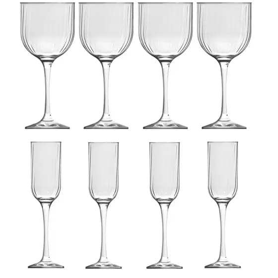 Jogo 8 Taças De Vidro Fiore Nadir 4 Taças De Champanhe 195ML Espumante 4 Taças De Vinho 515ML Agua Tinto Branco Rose