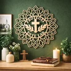 Mandala MDF Cruz Religiosa Protegei Este Lar 30cm Decoração Parede M206