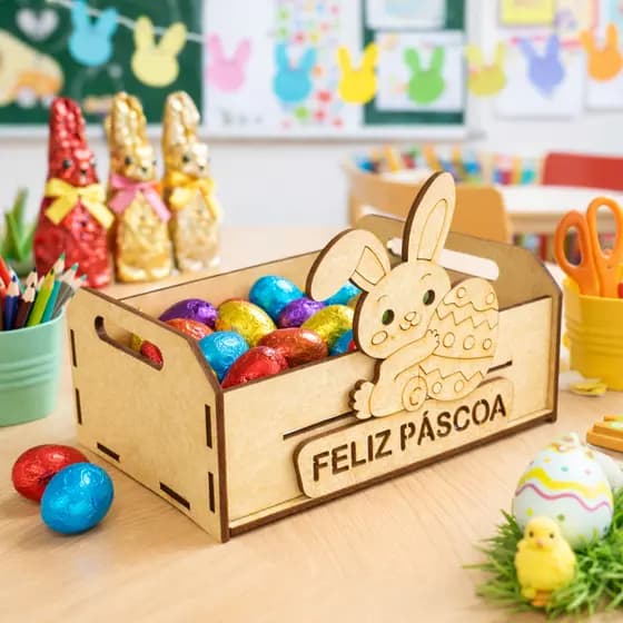 Jogo 12 Caixinhas em MDF com Alça Lembrancinha de Páscoa Recorte "Feliz Páscoa" com Coelhinho M19