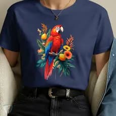 T-Shirt Feminina Arara Vermelha | Estampa Tropical com Flores e Frutas