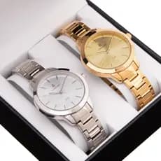 Kit Presente 2 Relógios Femininos Dourado Prateado Slim Aço Inox Vanglore Essence