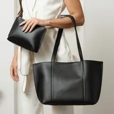 Kit Bolsa Sacola Tote Grande Minimalista com Bolsa Necessaire Interna Preta Alça de Ombro Premium