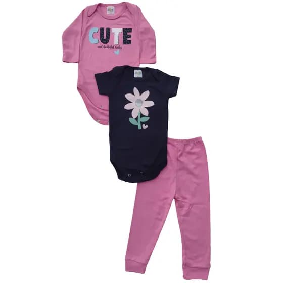 Kit 3 Peças Body curto longo e mijão Bebê  MENINA
