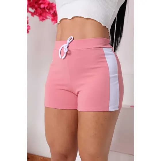 Short Shortinho Feminino  Malha Crepe Faixa Lateral Cintura Alta Cordão