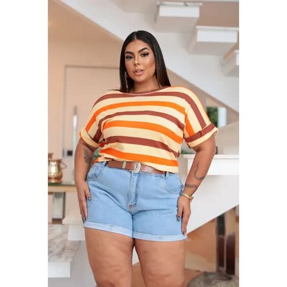 Blusa  Plus Size  Listrada  Manga Curta Viscolycra  Tendência