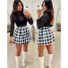 Saia Xadrez Plissada Flanelada Curta Rodada Cintura Alta Com Ziper Look Festa Junina