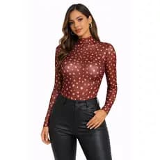 Body Tule Feminino Estampa Bambi Transparente Manga Longa Gola Alta Body Bolinha Tendência