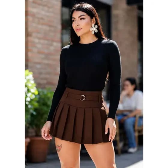Short Saia Feminino Alfaiataria Plissado Com Com Cinto  Colegial  Cintura Alta Rodeio São João
