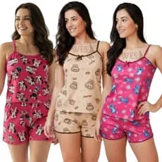 Pijama Feminino Adulto e Infantil Baby Doll Short Doll Liganete Estampado Roupa De Dormir