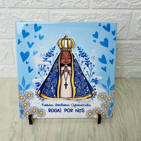 Azulejo quadro Nossa Senhora Aparecida margaridas decoração proteção Mãe