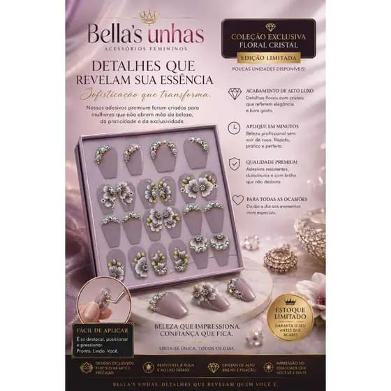 20 Adesivos 100% Artesanais Unhas Lindas Joias Pedrarias Strass cartelão luxo com 20