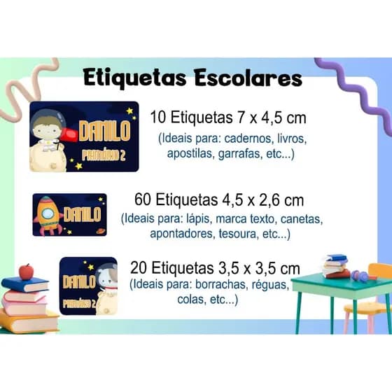 ETIQUETA ESCOLAR  ADESIVA - ASTRONAUTA 2  - CADERNOS, LÁPIS, CANETAS, APONTADOR, LIVROS, RÉGUA, COLA