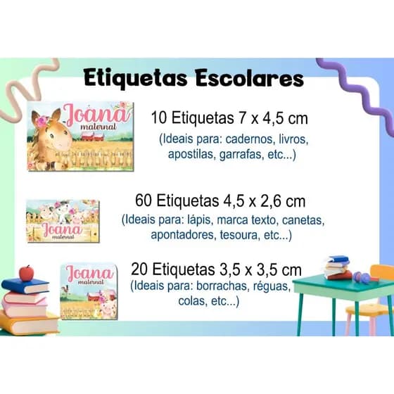 ETIQUETA ESCOLAR  ADESIVA - FAZENDINHA MENINA -  CADERNOS, LÁPIS, CANETAS, APONTADOR, LIVROS, RÉGUAS