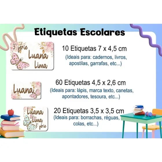 ETIQUETA ESCOLAR  ADESIVA - JARDIM BORBOLETAS -  CADERNOS, LÁPIS, CANETAS, APONTADOR, LIVROS, RÉGUAS