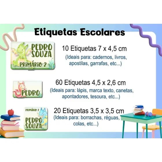 ETIQUETA ESCOLAR  ADESIVA - DRAGAO CUTE - CADERNOS, LÁPIS, CANETAS, APONTADOR, LIVROS, RÉGUAS, COLAS