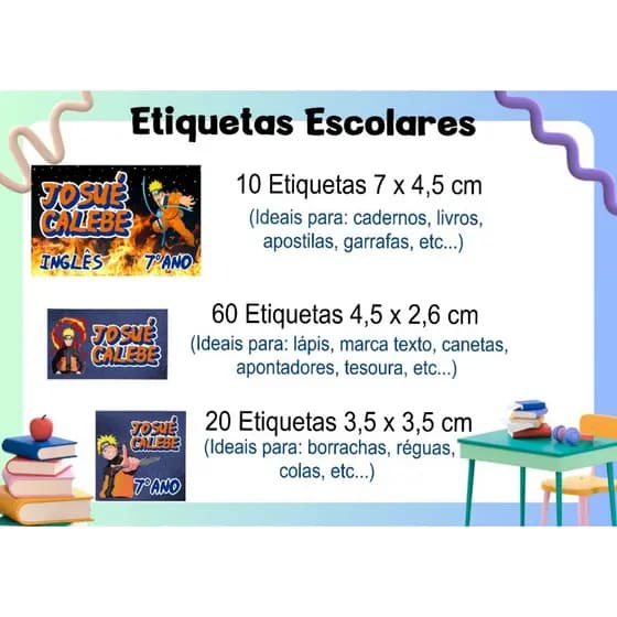 ETIQUETA ESCOLAR ADESIVA - NARUTO - CADERNO, LÁPIS, CANETA, APONTADOR, LIVROS, RÉGUA, COLA, BORRACHA