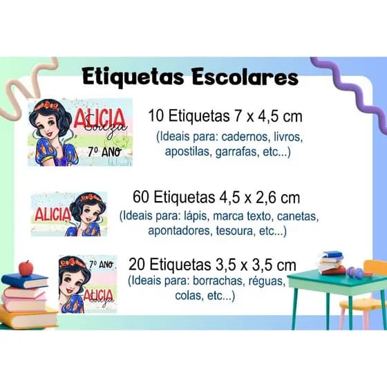 ETIQUETA ESCOLAR  ADESIVA - BRANCA DE NEVE - CADERNO, LÁPIS, CANETAS, APONTADOR, LIVROS, RÉGUA, COLA