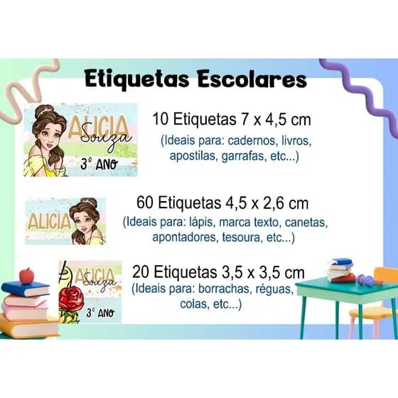 ETIQUETA ESCOLAR  ADESIVA - BELLA - CADERNO, LÁPIS, CANETA, APONTADOR, LIVROS, RÉGUA, COLA, MARCADOR