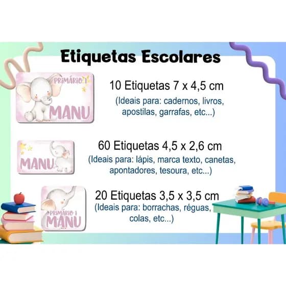 ETIQUETA ESCOLAR  ADESIVA - ELEFANTE ROSA -  CADERNO, LÁPIS, CANETAS, APONTADOR, LIVROS, RÉGUA, COLA