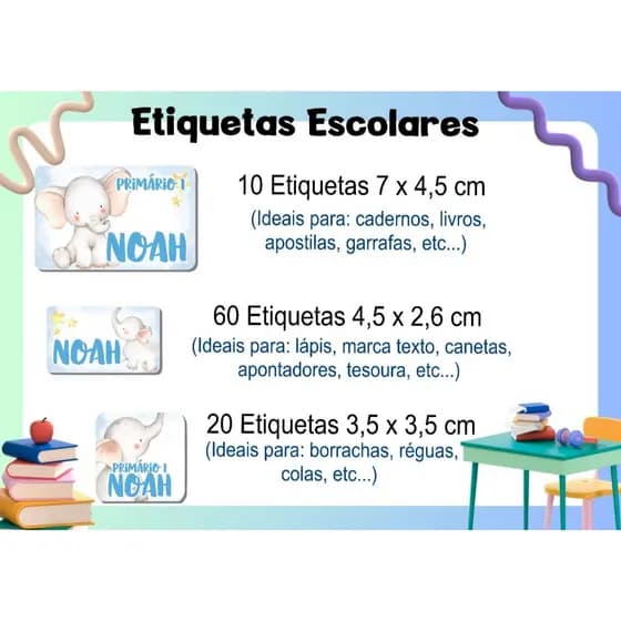 ETIQUETA ESCOLAR  ADESIVA - ELEFANTE AZUL -  CADERNO, LÁPIS, CANETAS, APONTADOR, LIVROS, RÉGUA, COLA