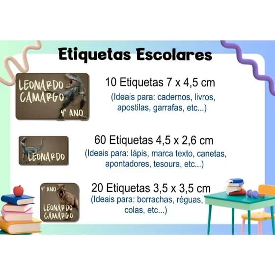 ETIQUETA ESCOLAR  ADESIVA - DINOSSAURO 3 - CADERNOS, LÁPIS, CANETAS, APONTADOR, LIVROS, RÉGUA, COLAS