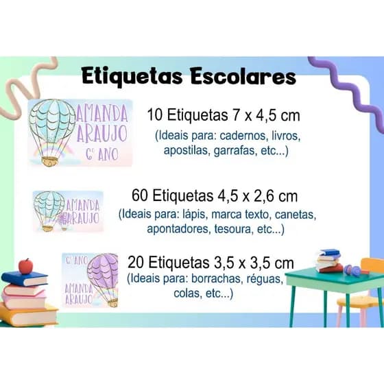 ETIQUETA ESCOLAR  ADESIVA - BALÃO 1 - CADERNOS, LÁPIS, CANETAS, APONTADOR, LIVROS, RÉGUAS, MARCADOR