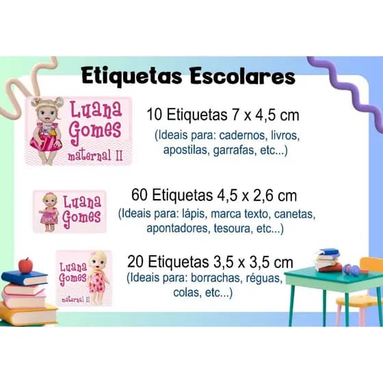 ETIQUETA ESCOLAR  ADESIVA - BABY ALIVE - CADERNO, LÁPIS, CANETAS, APONTADOR, LIVROS, RÉGUA, MARCADOR