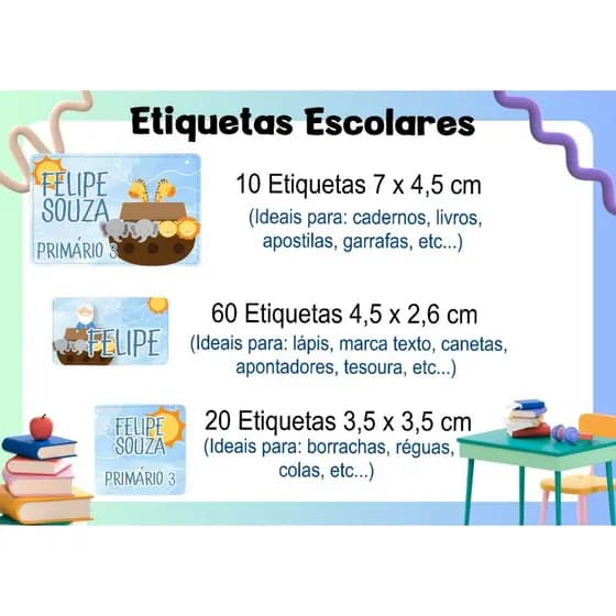 ETIQUETA ESCOLAR  ADESIVA - ARCA DE NOÉ - CADERNO, LÁPIS, CANETAS, APONTADOR, LIVROS, COLA, MARCADOR