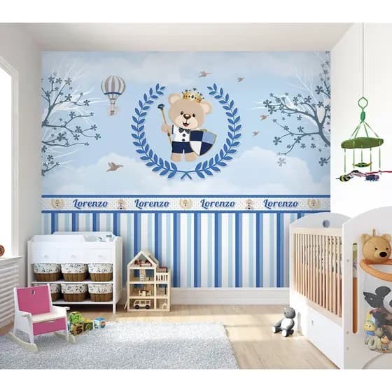 Papel de Parede Infantil Bebê Urso Príncipe Azul Personalizado Quarto de Menino