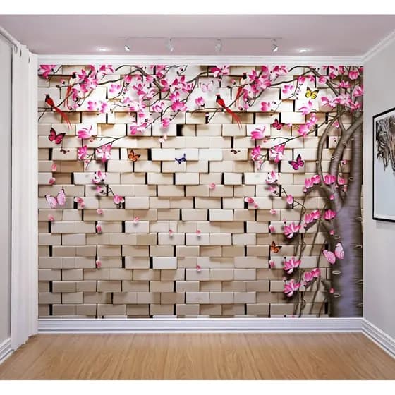 Papel de Parede 3D Tijolos e Árvore de Flores Adesivo Autocolante Quarto e Sala