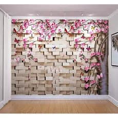 Papel de Parede 3D Tijolos e Árvore de Flores Adesivo Autocolante Quarto e Sala