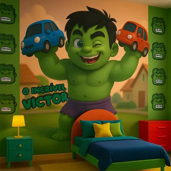 PAPEL DE PAREDE HULK 3D KIDS + CARROS PERSONALIZADO COM NOME PARA QUARTO SOB MEDIDA METRO²