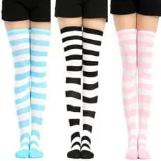 Kit 3 Pares Meia Listrada 7/8 Lolita Colegial Longa Egirl