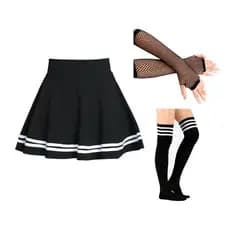 Saia Plissada Lolita Colegial + Meia 7/8 + Luva Arrastão 3 Peças