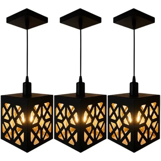 Kit 3 Luminarias Pendente Geometrica Teto Lustre Moderna Decorativo Luxo Cozinha Sala Mdf Preta Elegante Minimalista